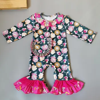 

2019summer flowers pink Girls romper with buttons Hot Sale New style romper for girl