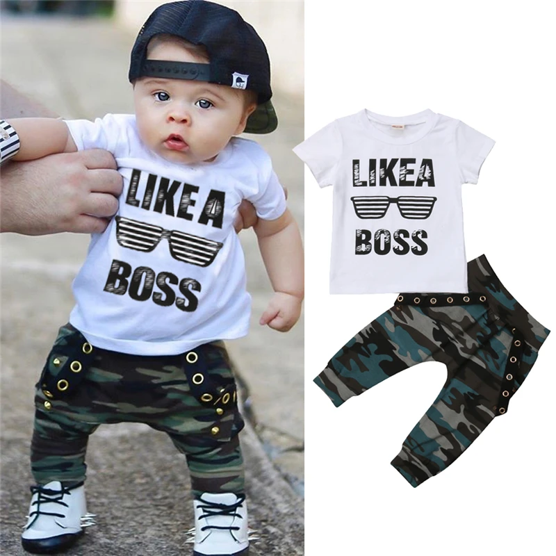 Toddler Infant Baby Boy Letter Sweatshirt Top+Camouflage Print Pants Outfits Set 