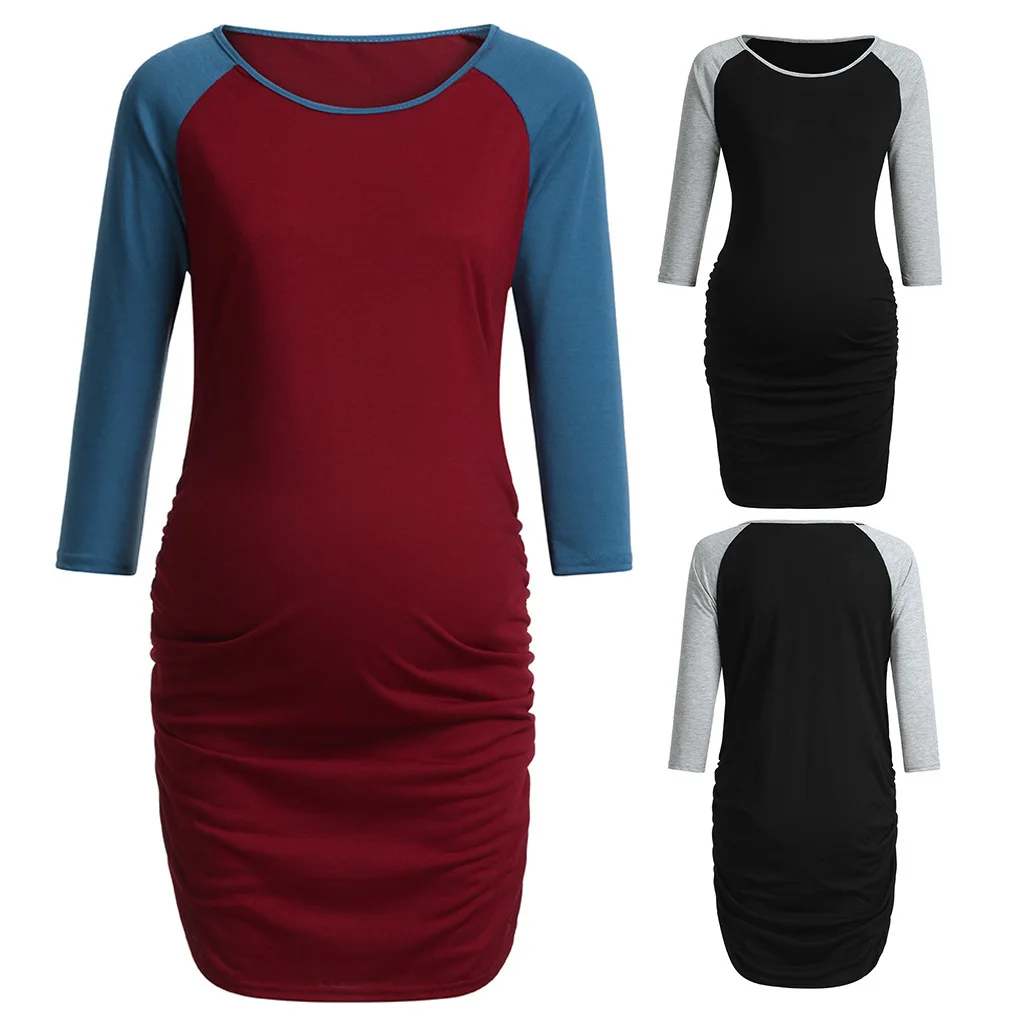 

Europe And America New Style Long Sleeve Crew Neck Wrinkle Contrast Color Maternity Dress