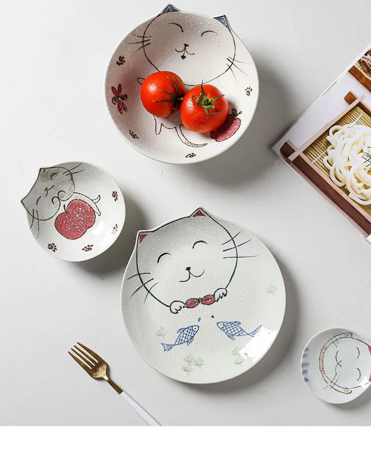 Японская ручная роспись Снежная глазурь керамическая посуда кошка миска рыба блюдо посуда