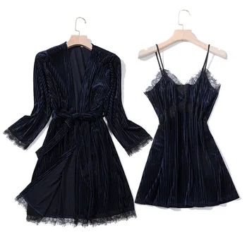 

New Women Sexy Velour Robe Gown Set Spring Autumn Bathrobe Set 2 Pieces Solid Kimono Nightdress Lace Sleepwear Nightwear Set