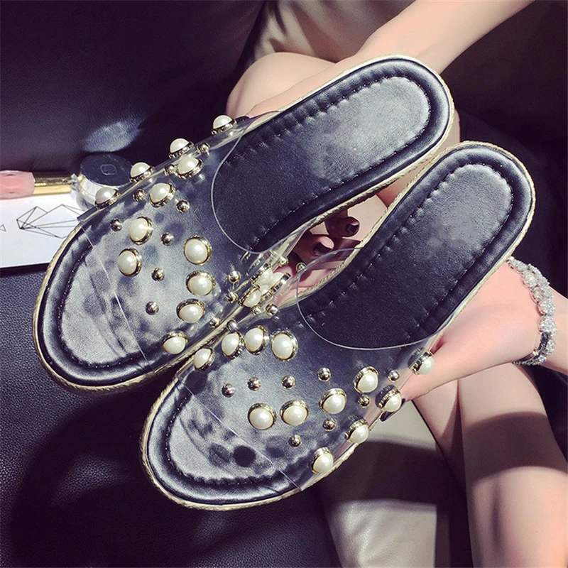 

Cool slippers women summer fashion versatile wear muffin thick bottom waterproof platform pearl transparent sexy slope heel slip