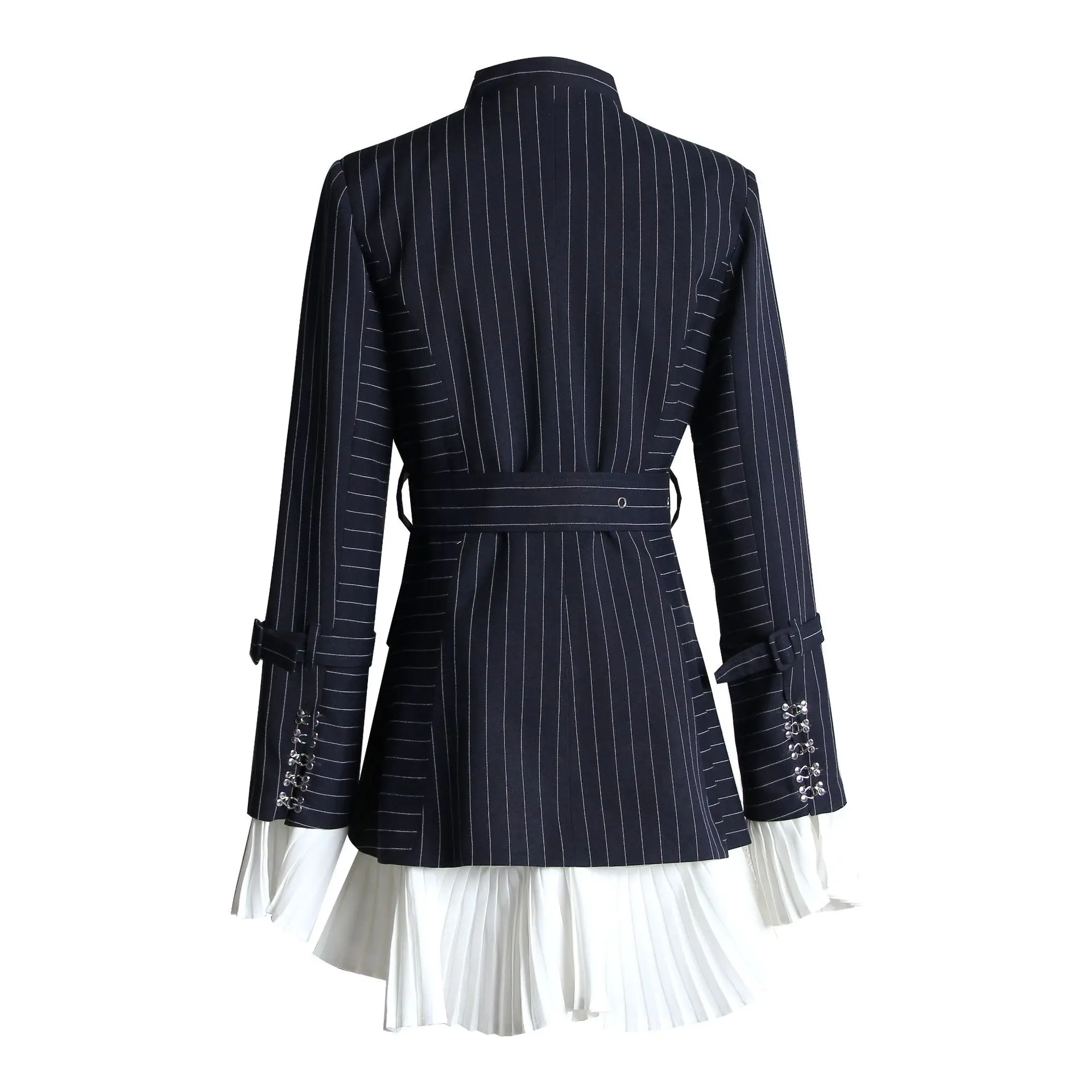 Новинка, осенне-зимние женские длинные блейзеры с рюшами в стиле пэчворк, рюшами, расклешенными рукавами, элегантные женские полосатые куртки для вечеринок пальто с v-образным вырезом