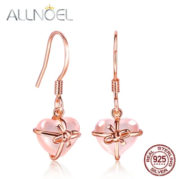 

ALLNOEL 925 Sterling Silver Gold Plated Drop Earring Heart Women's Earrings Natural Gemstone Rose Quartz Fine Jewelry For Girl