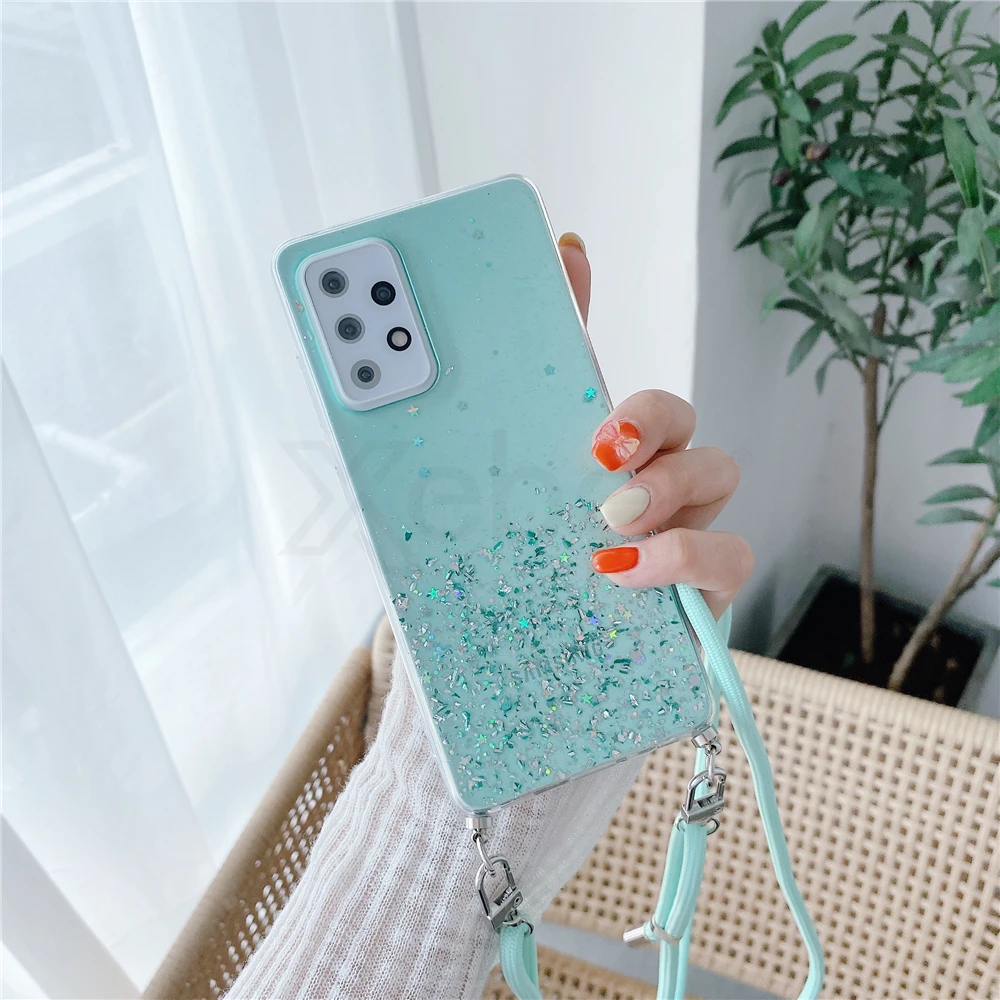 cute phone cases for samsung  Necklace Hang Lanyard Transparent Glitter Sequins Phone Case For Samsung S20 FE S21 Note 20 Ultra 10 Pro S10 S9 Plus S8 A51 A71 kawaii samsung phone cases
