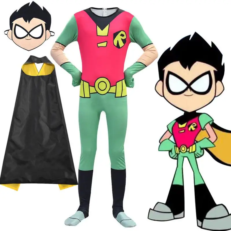 Костюм для подростков Titans Go Робин косплей Детский комбинезон 3D Zentai накидка