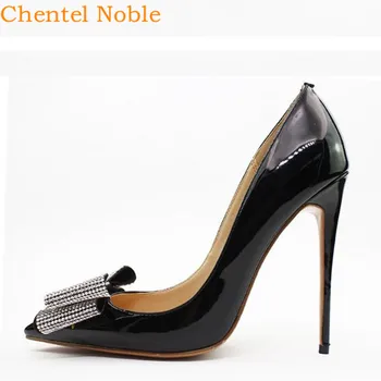 

Bling Crystal Bow-Knot Fashion Brand Chentel High Heels Spring Woman Luxurious Party Dress Shoes For Women Pumps Black Color
