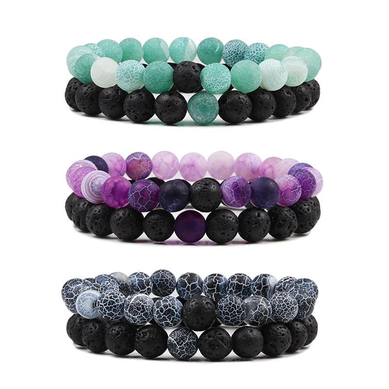 2PCS/Set Beaded Bracelets Bangles Set Natural Lava Stone Couples Distance Energy Elastic Rope Men Women Best Friend Jewelry Gift