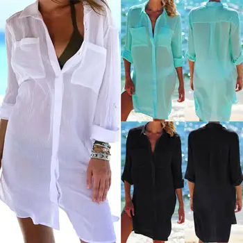

New 2020 Summer Women Summer Bikini Cover Up Beach Mini Dress Swimwear Bathing Long Top Shirts