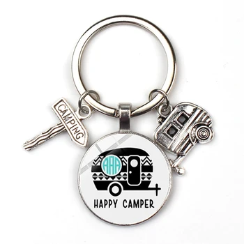 

2020 The New Best Selling Models Go Camping Cute Wagon Keychain Signposts To Travel Car Keychain Round Glass Keychain Gift