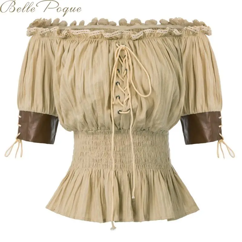 Belle Poque, женские топы, винтажная рубашка, с открытыми плечами, половина рукава, готические топы, Ретро стиль, для девушек, стимпанк, повседневная одноцветная футболка