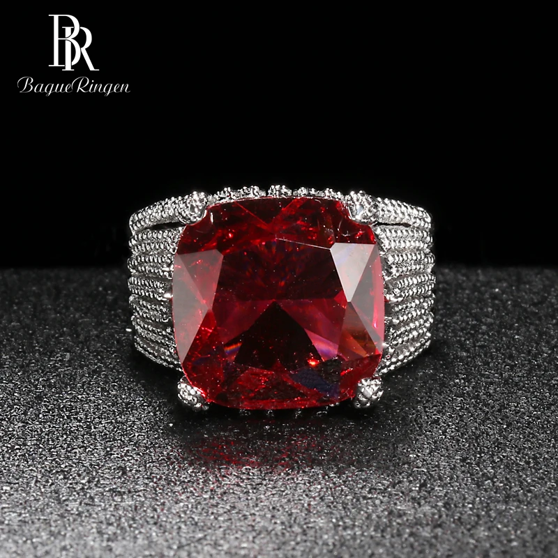 Bague Ringen, роскошное рубиновое кольцо для женщин, геометрическое классическое серебряное 925 ювелирное изделие, большие драгоценные камни, для банкета, королевы, размер 6, 7,8, 9,10 Вечерние