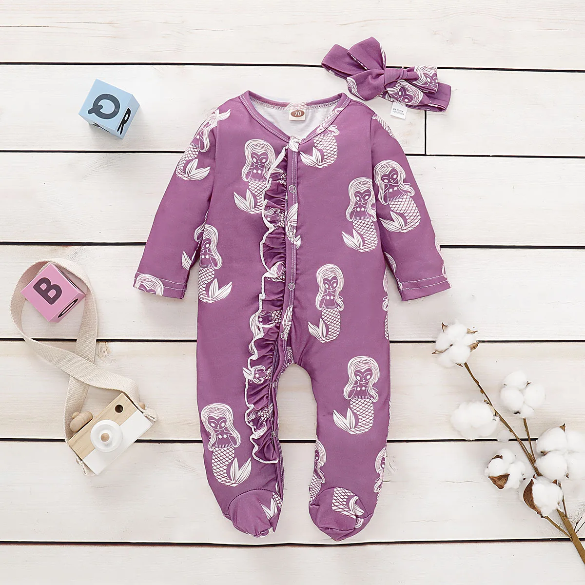 Spring Autumn Newborn Cotton Floral Baby Girls Rompers Toddler Baby Pajamas Headband 2pcs Long Sleeve Jumpsuit Kids Baby Clothes Baby Bodysuits cheap