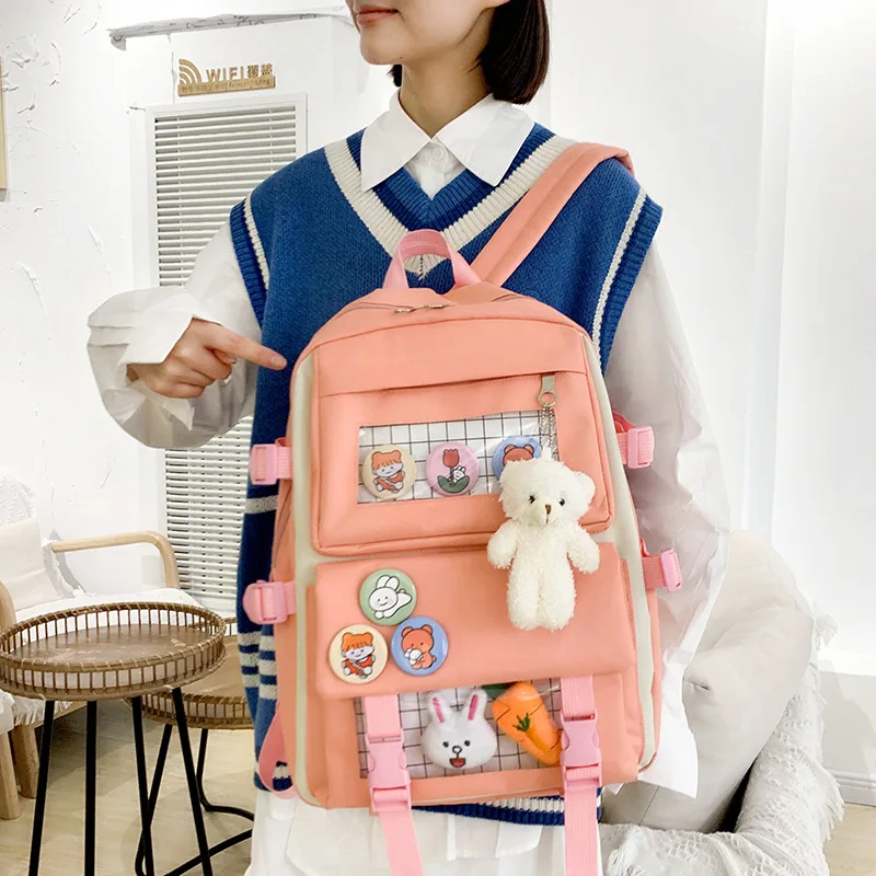 2021 New 4 Pcs Set Kawaii Women's Backpack Purple Colours Cute Canvas School Bags for Teenage Girls College Student Kids BookBag 