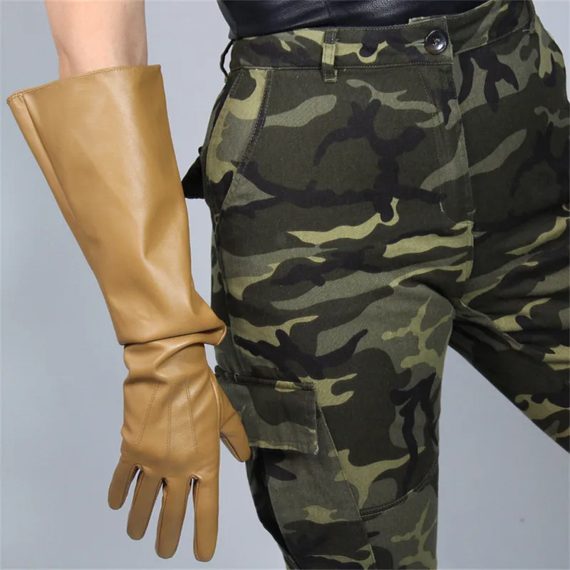 Beige Camel 50 см, длинные перчатки из лакированной кожи, с большим рукавом, с рукавом-фонариком, из имитирующей кожи, яркие, розовые, красные, женские, WPU12-50W - Цвет: Beige Camel