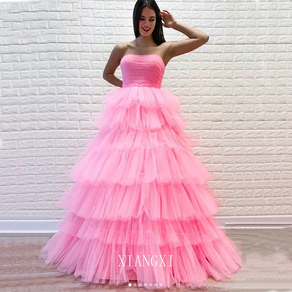 Belle Robe De Bal Rose Longue Jupe A Plusieurs Niveaux De Bal Tulle Sans Bretelles Cou Robe De Gateau Robes Formelles Evening Dresses Aliexpress