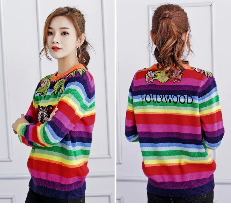 NiceMix Color Striped Sweaters Women Tops Tiger Fashion Streetwear Pullovers and Sweater Femme Pull Stripe Jumper rainbow