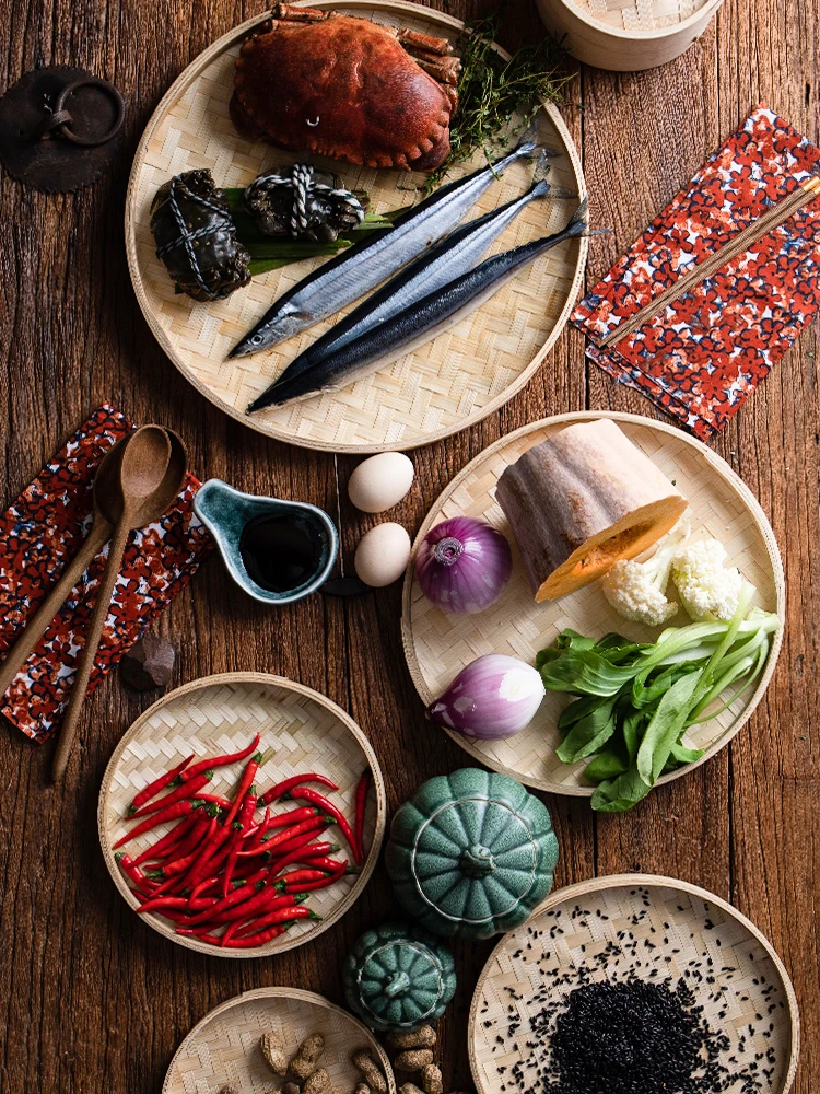 

Creative fruit basket living room fruit snack tray home use bamboo weaving tray individual weaving circular bamboo weaving