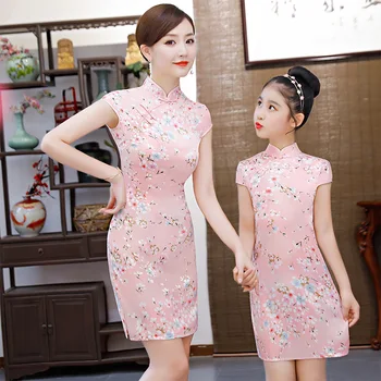 

Parent-Child Summer Dress Children's Cheongsam Silk Digital Small Fragmented Cheongsam Short-sleeved Mother-daughter 8902QY01