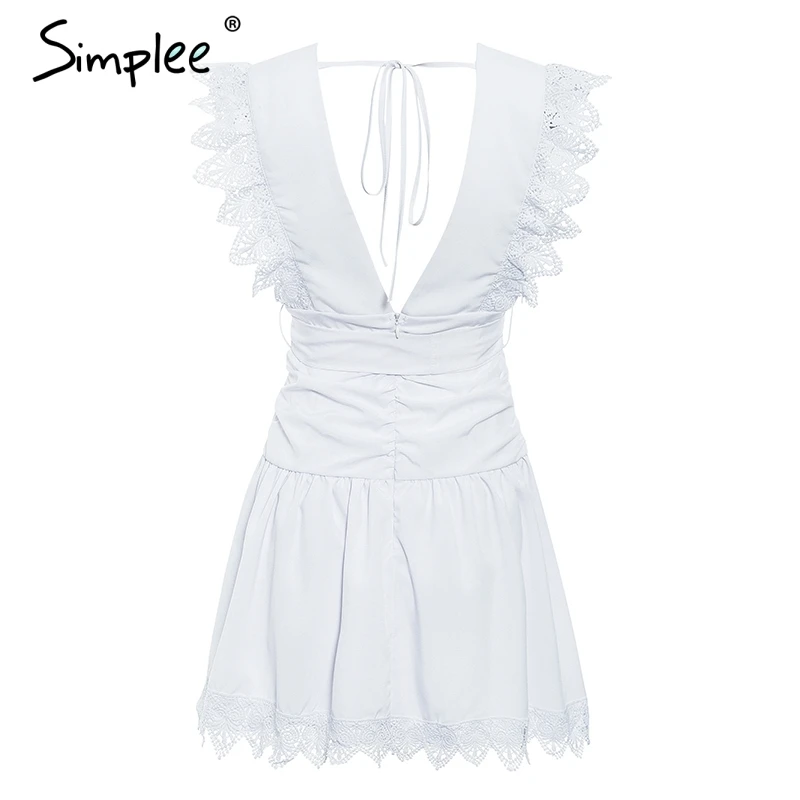 Simplee Ruffled lace hem women dress A-line high waist sexy dress V-neck party club sashes female summer short dress vestidos