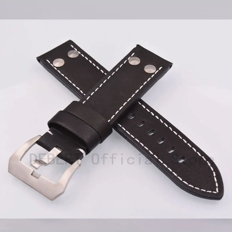 

Watch Parts 22mm WatchBands Cowhide Black Leather Stitches Straps ремешок для часов watch men strap mechanical wristwatche