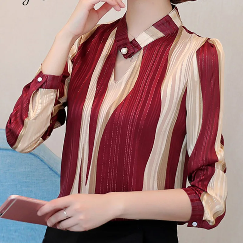 

Women Fashion Striped Chiffon Blouse Female Long Sleeve Tops Elegant Office Lady Shirts Plus Size Women Blouse New Fashion 2020