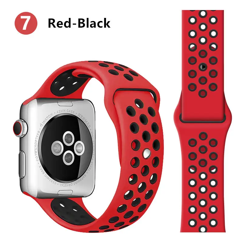 red black 7 Спортивный ремешок для apple watch, ремешок correa iwatch, 42 мм, 44 мм, 38 мм, 40 мм, силиконовый ремешок для часов, браслет для apple watch 5, 4, 3, 2, 1, 42, 44 - Цвет ремешка: red black 7