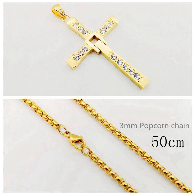 Gold popcorn 50cm Новые Форсаж(Fast furious 8 в стиле «хип-хоп» ожерелье кулон крест Доминика Торетто Топ 316 из нержавеющей стали с кристальная подвеска для мужчин CAGF0128 - Окраска металла: Gold popcorn 50cm