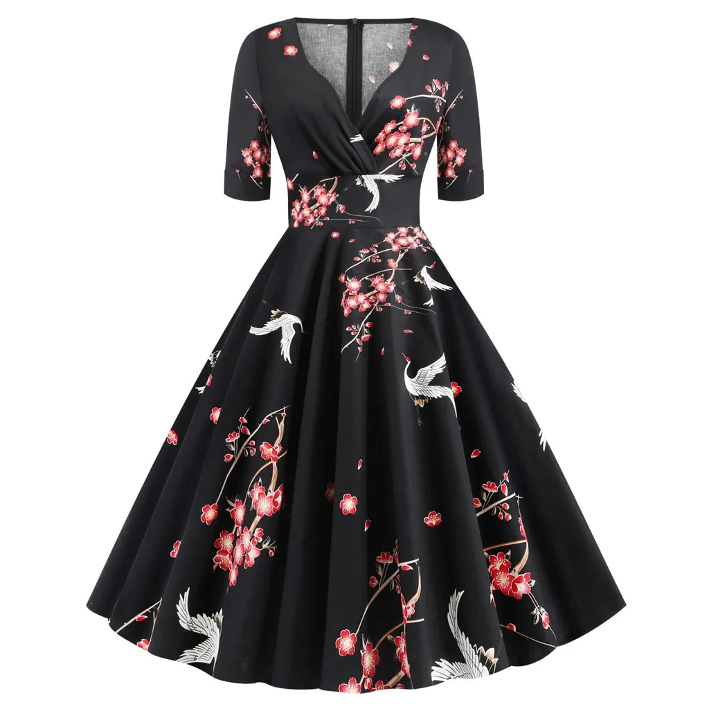 Dress Women's Dress Polyester Dress Women V-Neck Half Sleeve Floral Print Vintage Womens Dresses For Celebrations And Parties