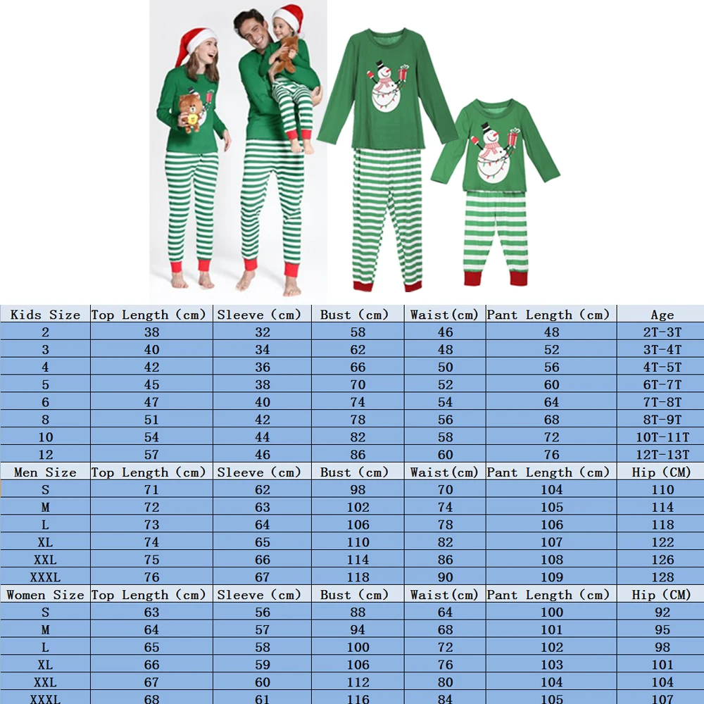Семейный комплект рождественских пижам для мужчин и женщин, милый зеленый снеговик, топы штаны в полоску, пижама снеговик, одежда для сна