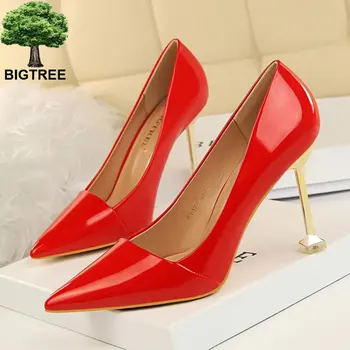 

BIGTREE Pantent Leather Concise Office Shoes Show Thin Sexy Women Pumps Pointed Toe Shallow Fashion Women's High Heels Shoes