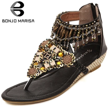 

BONJOMARISA Ladies Summer Comfort Med Wedges Sandals Fashion Ethnic Decorating Sandals Women Rome Flat Shoes Woman