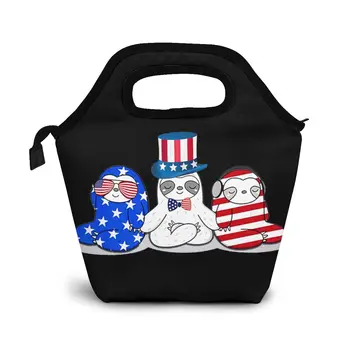 

American Flag Sloth 4th Of JulyAme Lunch Bag Boxes Bags Portable Insulated Picnic Food Box for Women Men