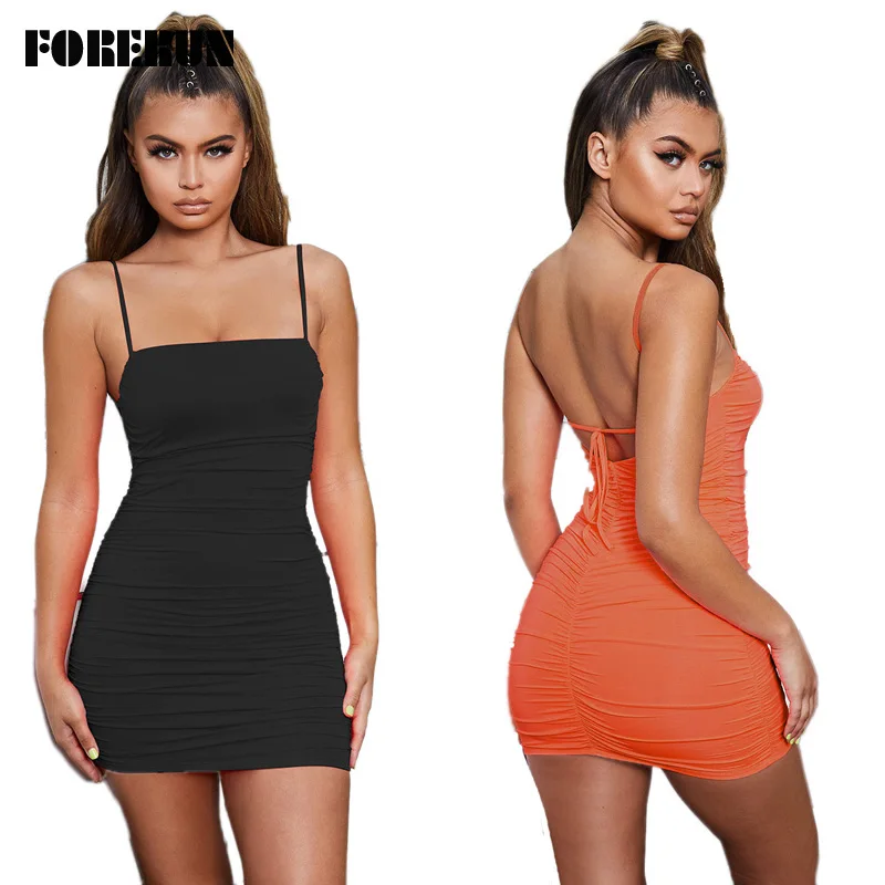 

FORERUN Women Backless Dress Bandage Neon Spaghetti Strap Mini Dresses Summer Sexy Club Wrinkle Bodycon Sleeveless Vestidos Robe