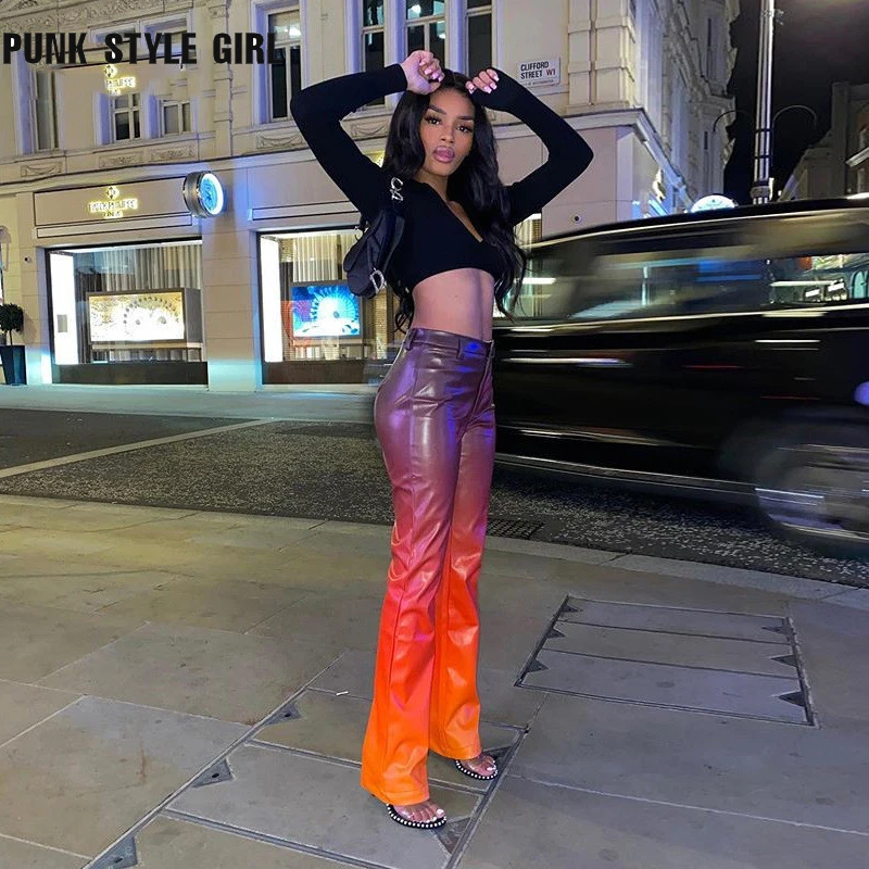 Goth Gradient Faux Leather Pants Women 