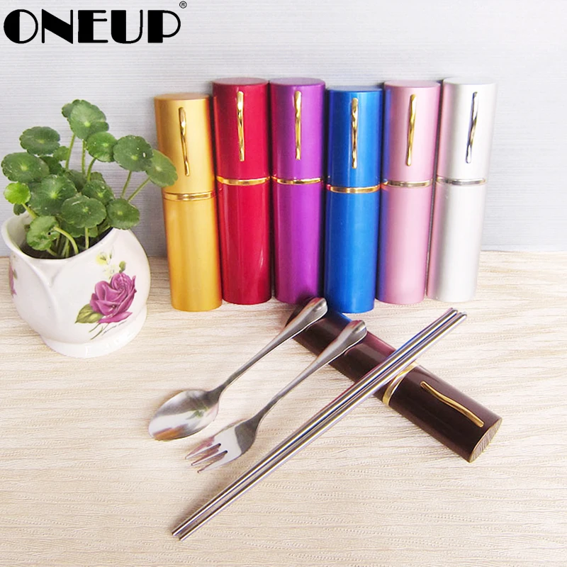 

ONEUP 3 pcs stainless steel cutlery set folding chopsticks portable dinnerware creative student travel to work tableware set
