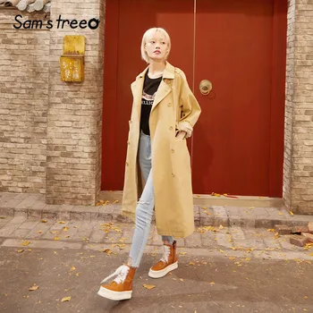 

SAM'S TREE Khaki Solid Double Button Trench Coat Women 2020 Spring New Long Sleeve Belted Loose Casual Ladeis Basic Outwears