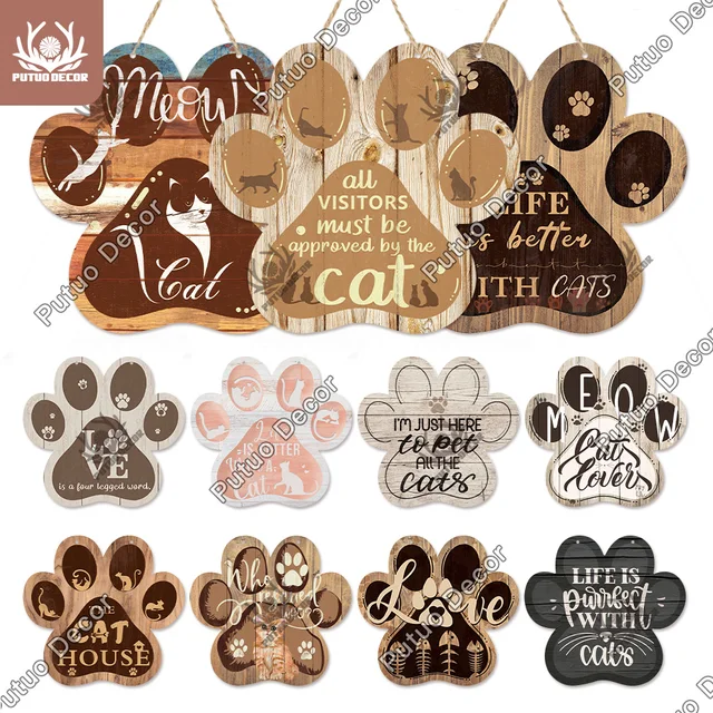 Putuo Decor Cat Sign Paw Shaped Wood Sign Rustic Wood Hanging Plaque Lovely Plate for Home Decoration Cat House Gift Wall Decor 1