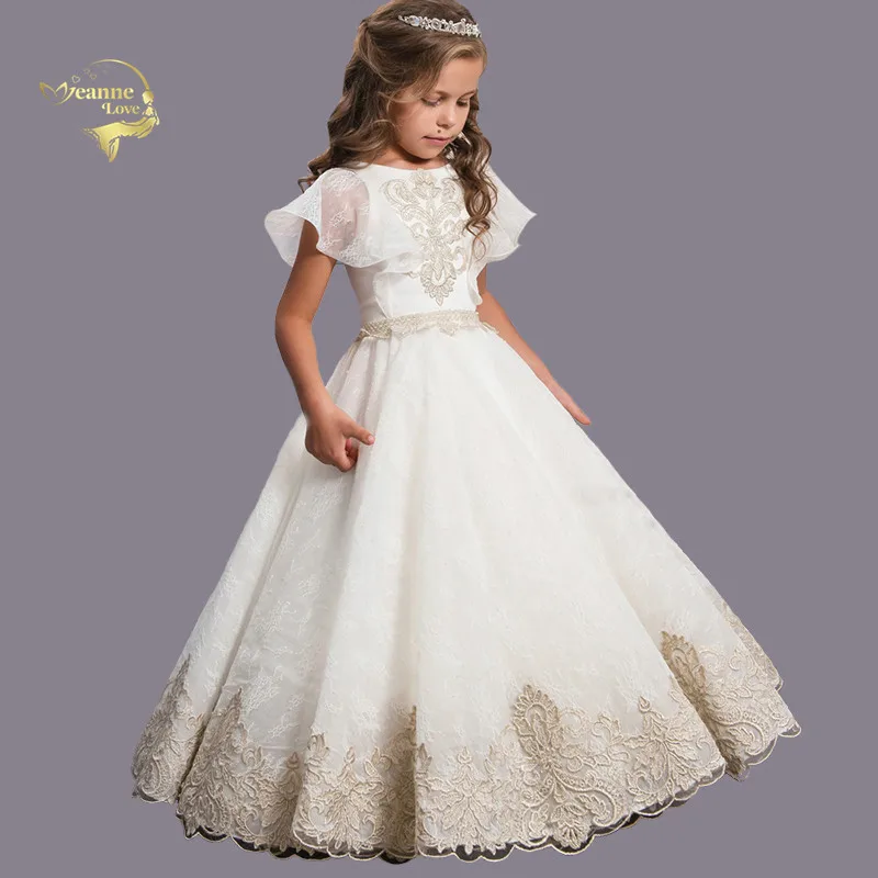 

2019 Elegant Champagne Embroidery First Communion Dresses Short Sleeves Infant Toddler Girls Pageant Gowns Flower Girl Dresses