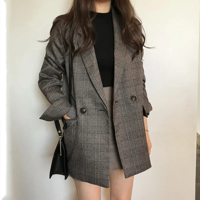 

Women's Plaid Notched Vintage Work Blazers Autumn Long Sleeve Casual Female Blazer 2019 Spring Office Lady Elegant Tops Female