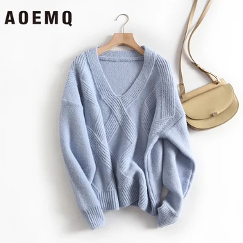 

AOEMQ Casual 4 Solid Colors Sweaters Thick Winter Warm Sweaters Irregular Pattern Cross Shape Print Pullovers Women Clothing