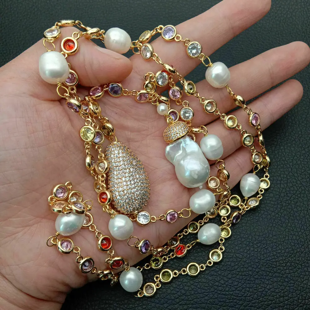 49" White Keshi Pearl multi color Cz Pave Chain Long Necklace