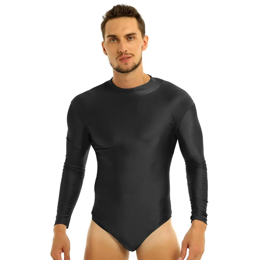 Mens One-piece Swimsuit Long Sleeve Stand Collar Stretch Solid Cosplay Costume Leotard Bodysuit Jumpsuit