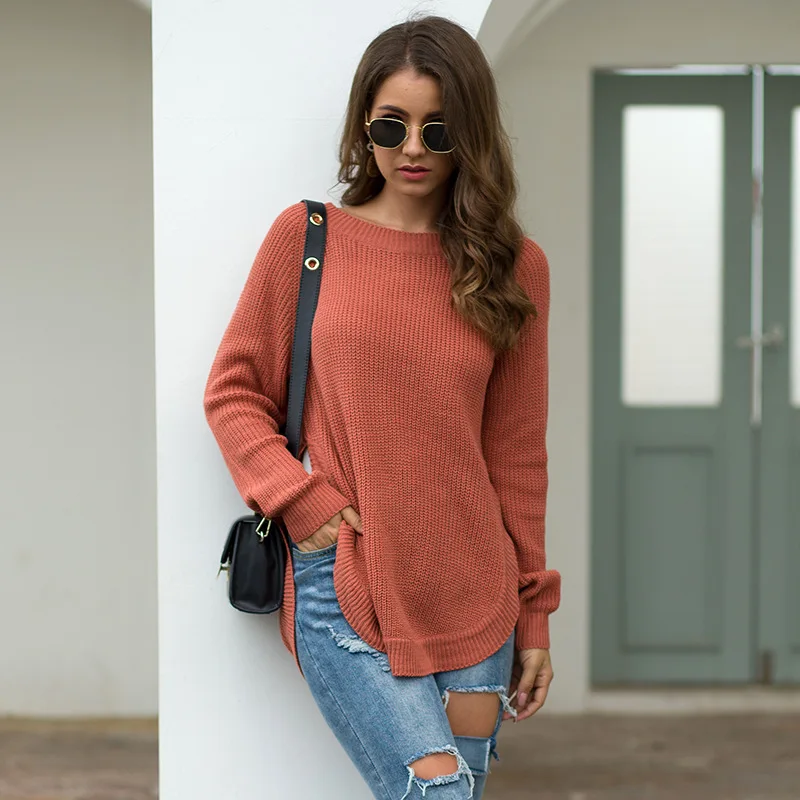 Knit Sweater Women Autumn Winter Fall O Neck Long Slevee Split Hem Pullovers Tops Casual Loose Streetwear New Sweaters KALENMOS | Женская