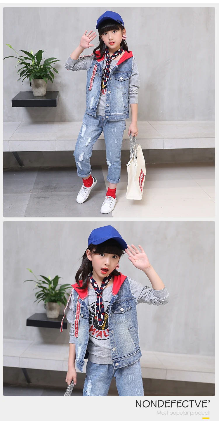 Fashion Design Girls Set Blue Patchwork Hooded Denim Jacket + Denim Jeans Spring Clothes Clothing Set