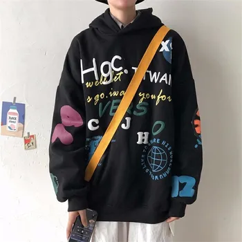 

Retro Casual Hooded Sweatshirt Men's Fashion Loose Cartoon Alphabet Print Couple Wild Harajuku Tops