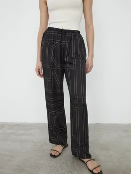 

Womens Drawstring Long Pants Geometric Stripes Embroideried Casual High Waist Straight Trousers With Pockets 2020 New
