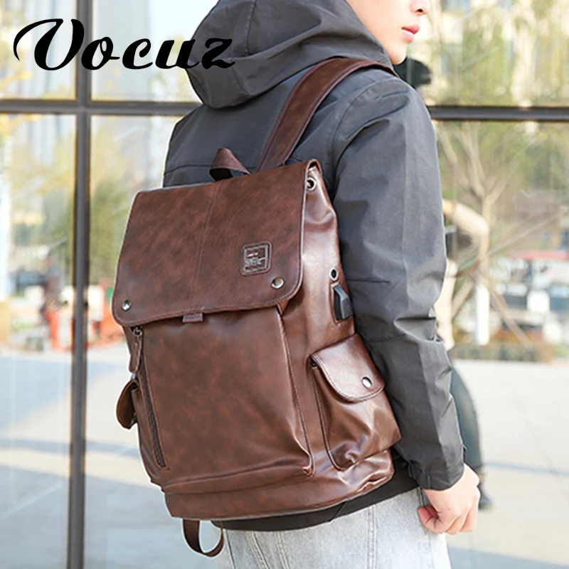 

VOCUZ Backpack men's fashion computer bag large capacity PU leather Korean Trend leisure travel college student bag USB load