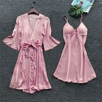 

Sleepwear Women Sexy Nightgown Lingerie Satin V-Neck Home Clothes Nightdress Bathrobe Set Silk Kimono Robe Nightwear Bride Robe