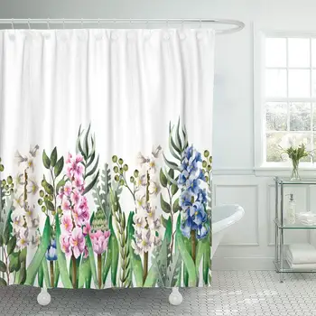 

Fabric Decorative Shower Curtain Curtains Set with Hooks Blue Hyacinths Pink Floral and Wild Flowers On White Vintage Boho 66X72